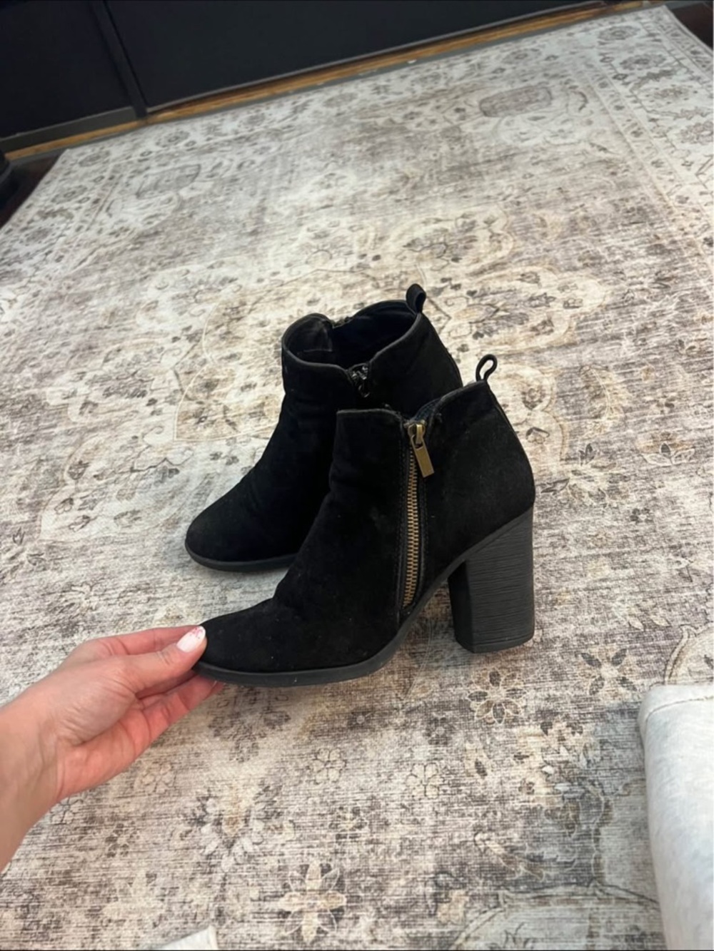 BAMBOO Black Suede Zip Block Heel Ankle Boots